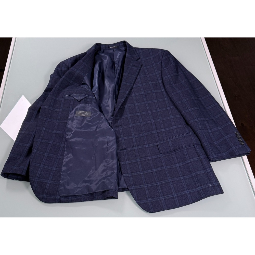 PRONTO UOMO Solid Blue 100% Wool Mens Windowpane Pattern Blazer - 46 Regular